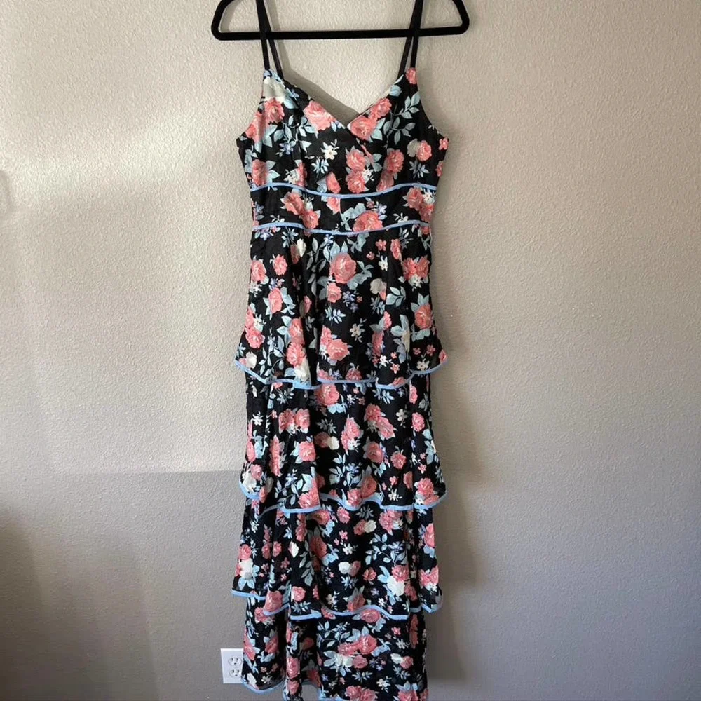 Foxiedox Darlene Ruffle Tiered Floral Print Keyhole Bodice Maxi Formal Dress Lrg - Picture 7 of 12